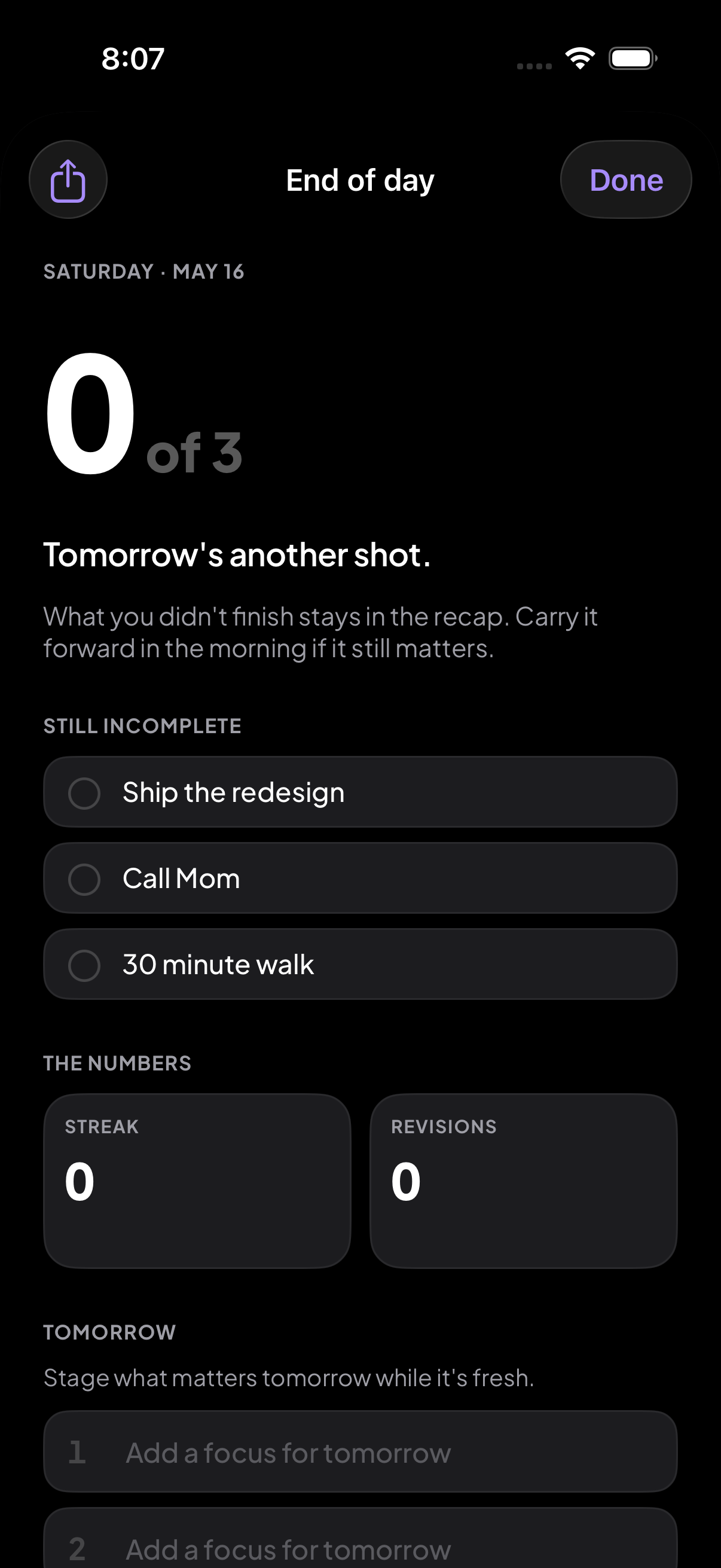 Top3 on iPhone — Close each day with a short recap