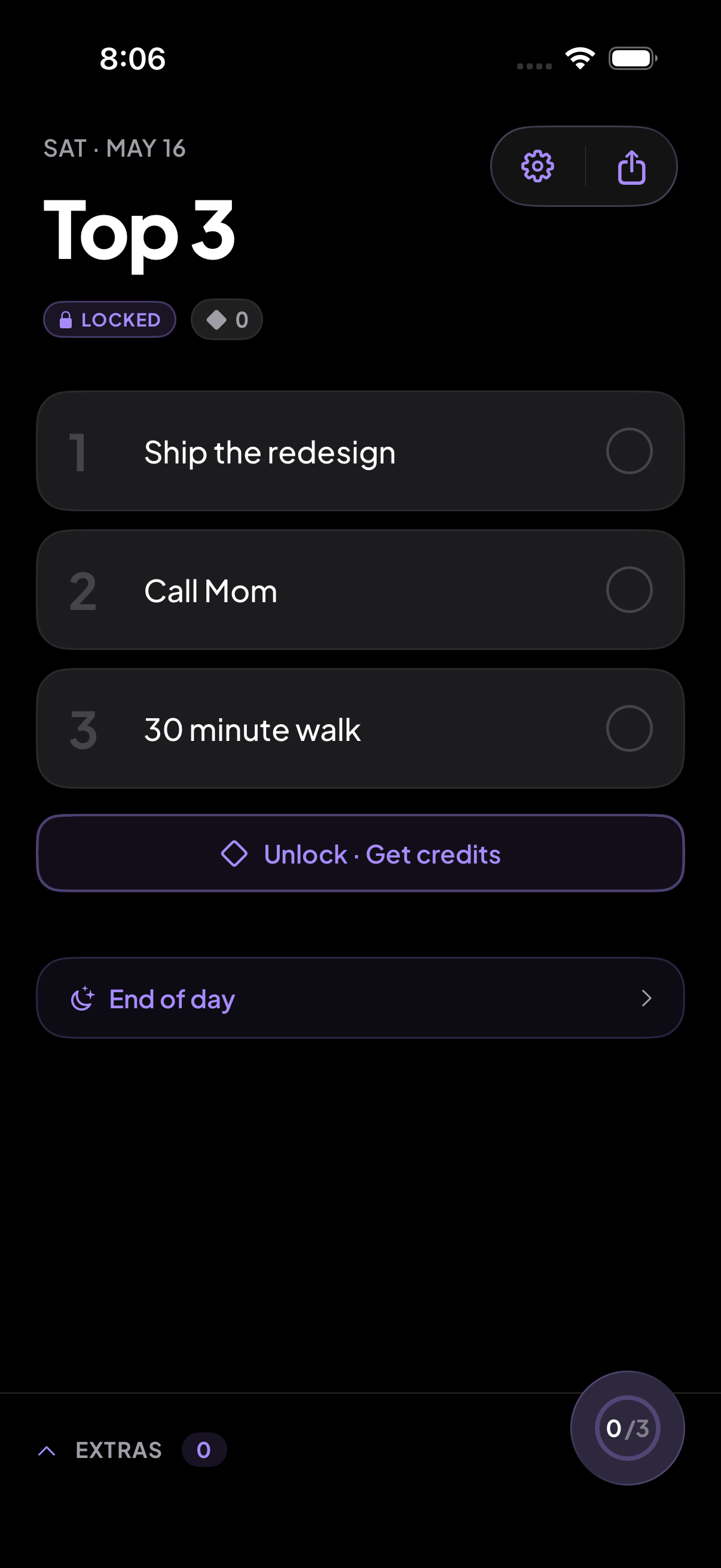 Top3 on iPhone — Lock in your top 3 for the day